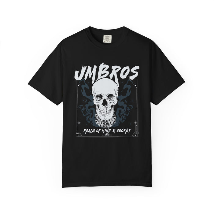 Thtgrlreads Kindred's Curse Saga black Comfort Colors graphic tee featuring a bold skull design with "Umbros" text and "Realm of Mind & Secret" subtitle in a vintage wash style.