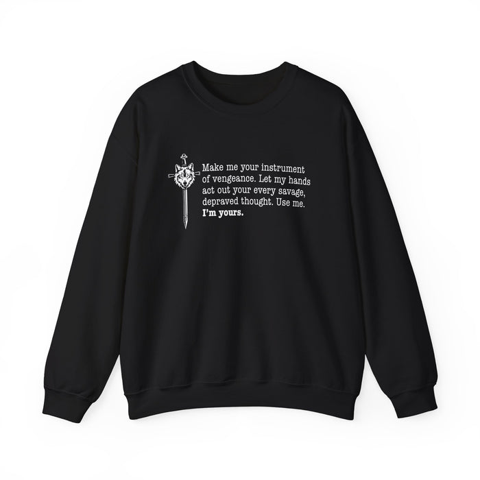 Thtgrlreads Wolves of Ruin collection oversized crewneck sweatshirt in black with white vintage-style printed quote and dagger graphic, soft Comfort Colors fabric.