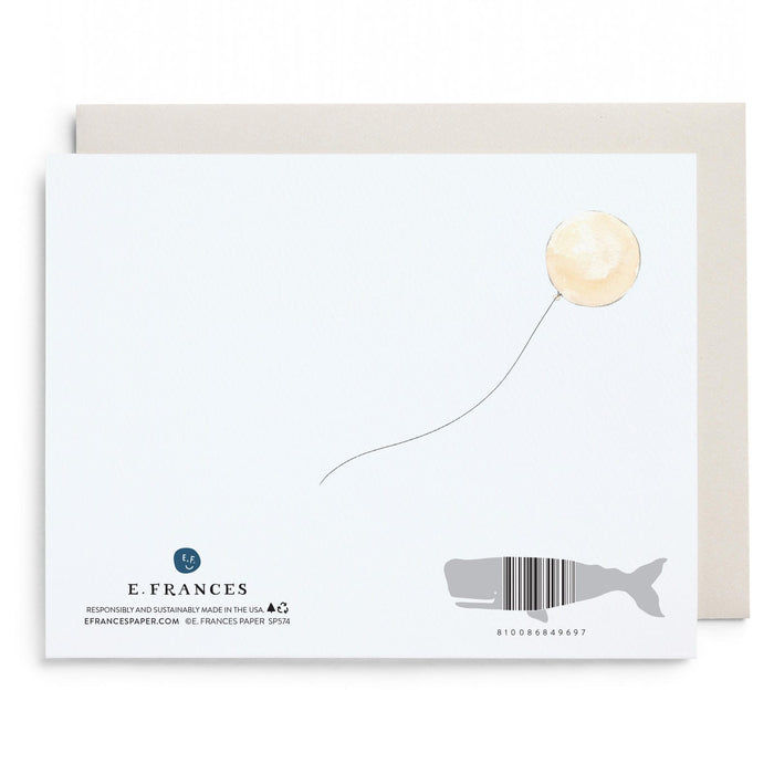 Vintage wedding card back with E. Frances logo, barcode, and gold balloon outline
