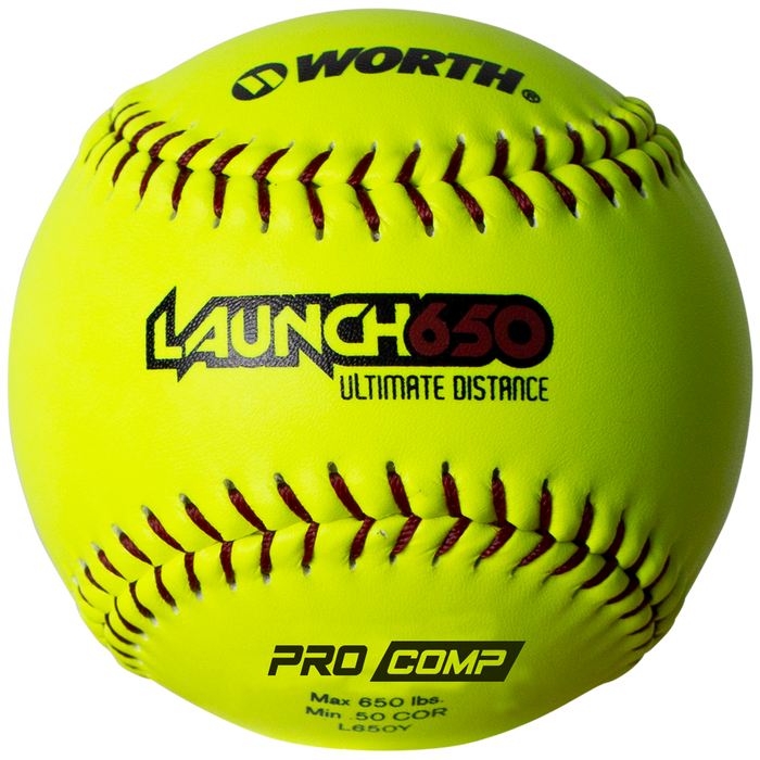 The Worth Launch 650 Ultimate Distance 12" 50/650 Composite Slowpitch Softball (L650Y) features a bright yellow cover, red stitching, and displays "Worth", "Launch 650", and specs like Max 650 lbs and .50 COR—ideal for home run derby or slowpitch games.