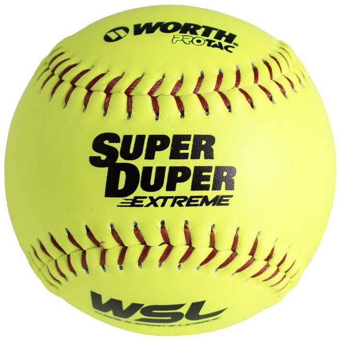 The Worth WSL Super Duper Extreme 12" 44/375 Composite Slowpitch Softball (MLSDM12C) features bright yellow cover, red stitching, and black printed logos—perfect for those who need official Worth slowpitch softballs for WSL play.