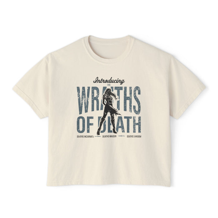 thtgrlreads vintage wash Comfort Colors cropped t-shirt featuring a distressed graphic text "WRATHS OF DEATH" with a silhouette of a figure, inspired by fantasy romance themes.
