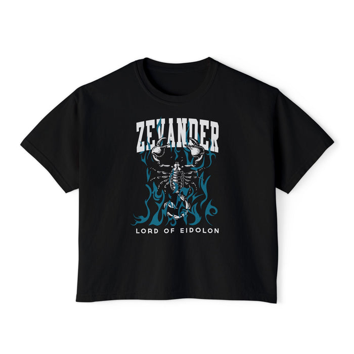 Thtgrlreads Zevander Crop Top from The Eating Woods collection features a black Comfort Colors cropped tee with a vintage-style graphic of a skeletal figure surrounded by blue flames and bold white text.