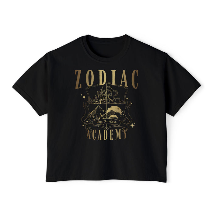 Zodiac Academy graphic crop top from thtgrlreads features a vintage-wash black Comfort Colors base with a bold metallic print of mystical symbols, combining fantasy and romance themes.