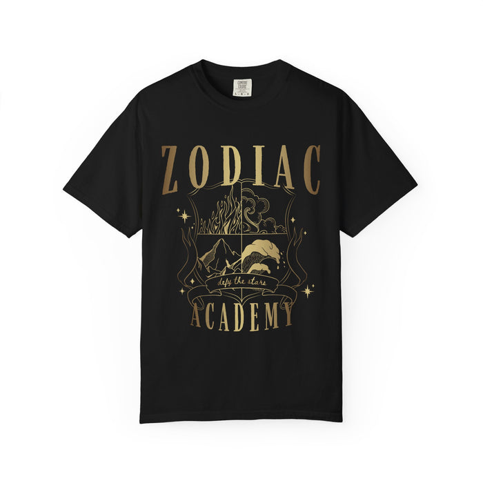 Zodiac Academy comfort colors graphic tee from thtgrlreads features a vintage-inspired design with celestial and landscape elements in muted gold tones, part of the Zodiac Academy collection.