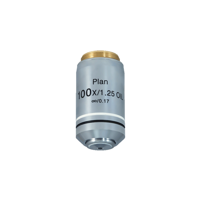 100X Infinity-Corrected Plan Achromatic Microscope Objective Lens, SKU BM13013831, three quarter front view