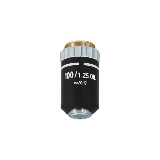 100X Infinity-Corrected Semi-Plan Achromatic Microscope Objective Lens Working Distance 0.13mm, SKU BM13023821, three quarter front view