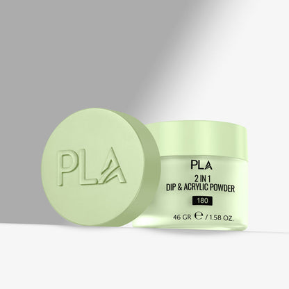 Light green container of PLA 2 in 1 Dip & Acrylic Powder on a gray background