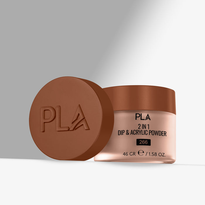 PLA 2 in 1 Dip & Acrylic Powder jar with brown lid on a gray background