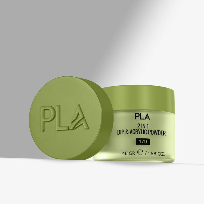 Green jar of PLA 2 in 1 Dip & Acrylic Powder with lid on a light gray background