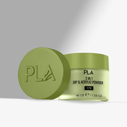 Green jar of PLA 2 in 1 Dip & Acrylic Powder with lid on a light gray background
