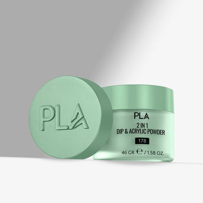 Green jar of PLA 2-in-1 Dip & Acrylic Powder with lid on a gray background