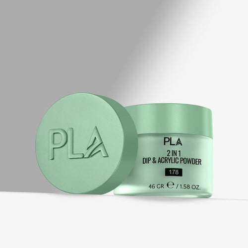 Green jar of PLA 2-in-1 Dip & Acrylic Powder with lid on a gray background