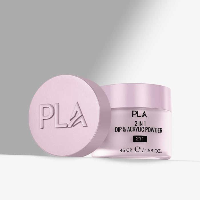 Pink container of PLA 2-in-1 Dip & Acrylic Powder on a gray background