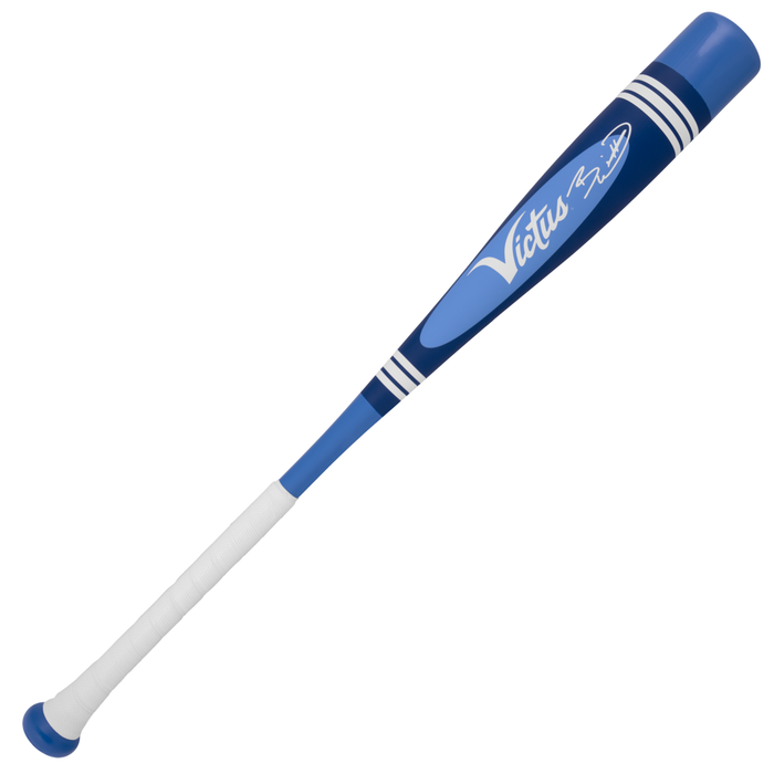 The 2025 Victus Vibe Pro-Crayon Bobby Witt Jr (-10) USA Baseball Bat features a blue and white design, vibration reducing knob, white grip tape, bold white barrel stripes, and a prominent Victus logo.