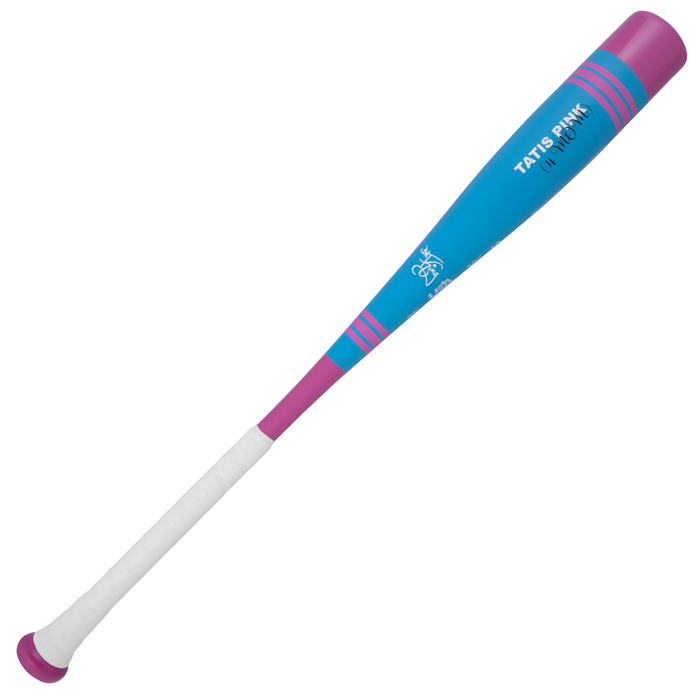 The Victus 2025 Vibe Pro-Crayon Fernando Tatis Jr (-10) USA Bat features a blue barrel, pink handle and end cap, white grip, "Tatis Pink Jr. 110" text, and a vibration-reducing knob for enhanced comfort.
