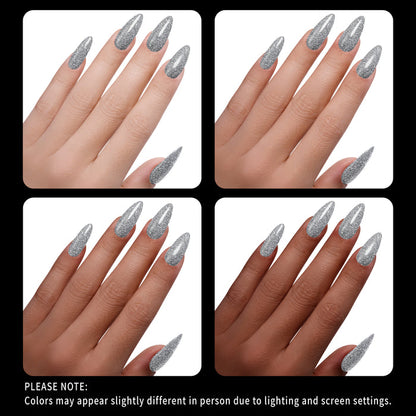 Four views of a hand with silver glittery nail tips on a white background.