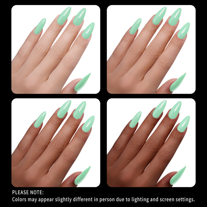 Four views of hands with light green nail polish on a white background
