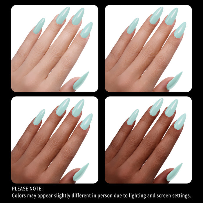 Four views of hands with light blue nail polish on a white background