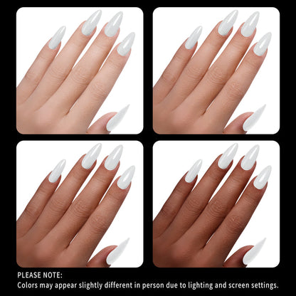 Collage of four hands with white glitter nail polish on a white background.