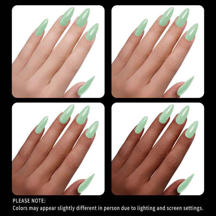 Four views of hands with light green glitter nail polish on a white background