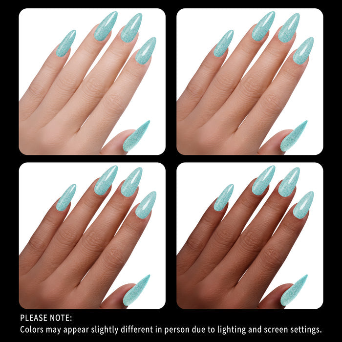 Collage of four images showing hands with light turquoise glitter nail polish on a white background.