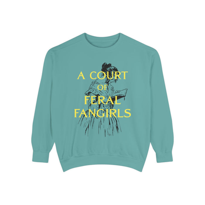 Thtgrlreads Off Brand and Book Bestie collection unisex oversized crewneck sweatshirt in vintage-washed Comfort Colors, featuring a bold yellow "A Court of Feral Fangirls" text and sketched figure graphic.