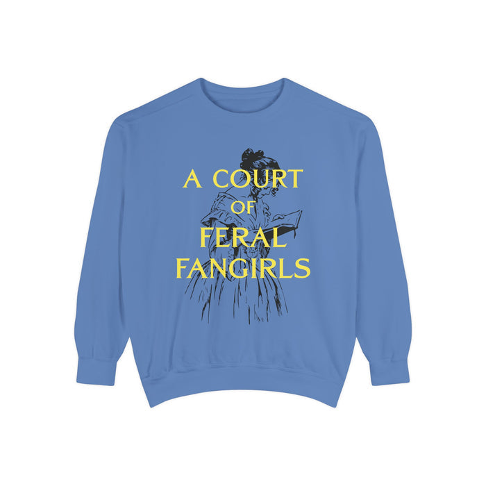Thtgrlreads Off Brand cozy blue Comfort Colors oversized crewneck sweatshirt from the Book Bestie collection featuring vintage-style yellow text and a sketch graphic.