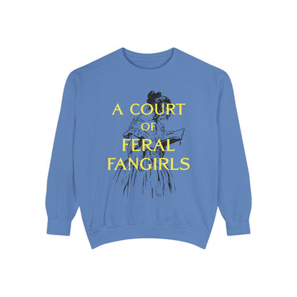 Thtgrlreads Off Brand cozy blue Comfort Colors oversized crewneck sweatshirt from the Book Bestie collection featuring vintage-style yellow text and a sketch graphic.