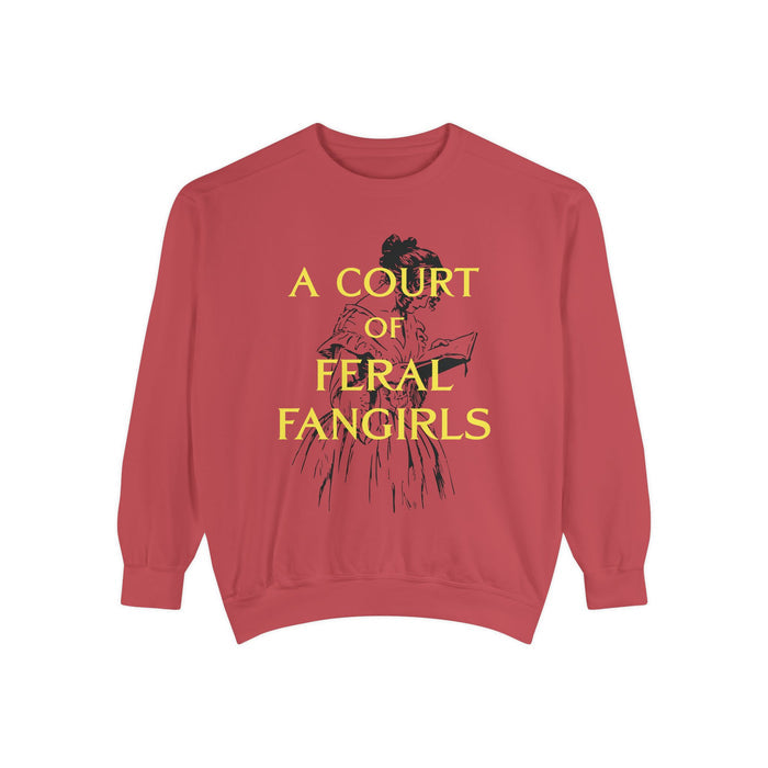 Off Brand oversized crewneck sweatshirt by thtgrlreads featuring vintage wash Comfort Colors fabric and a bold yellow graphic text reading "A Court of Feral Fangirls" with a sketch-style illustration, perfect for Book Bestie fans.