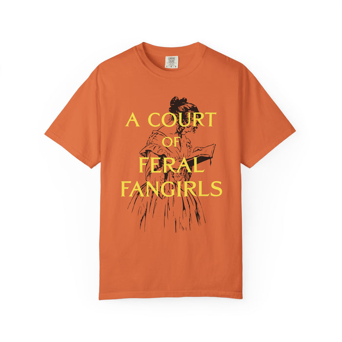 Comfort Colors graphic tee in vintage orange from thtgrlreads featuring a vintage-style illustration and yellow text reading "A Court of Feral Fangirls," part of Book Bestie and Off Brand collections.