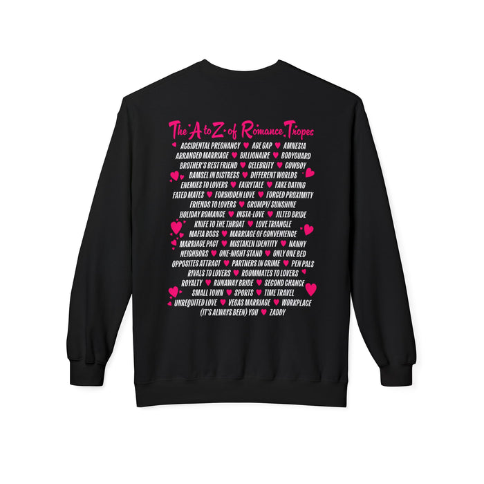 Thtgrlreads A-Z of Romance Tropes sweatshirt from Book Bestie and Crewnecks collections features a cozy vintage-washed black crewneck with pink and white romantic trope text in a playful, bold font.