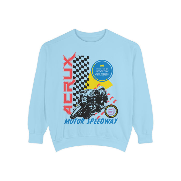 Thtgrlreads Zodiac Academy crewneck sweatshirt featuring a vintage washed light blue comfort colors fabric with bold racing graphics and red, black, and yellow print.