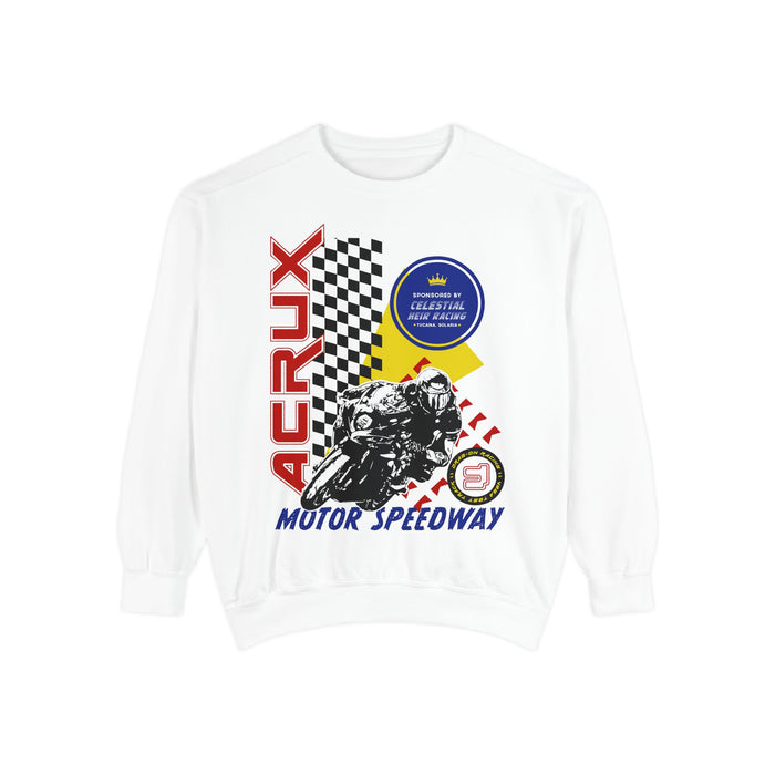 Zodiac Academy-themed oversized crewneck sweatshirt by thtgrlreads featuring a vintage-style motorbike graphic with bold red and blue lettering on soft white Comfort Colors fabric.