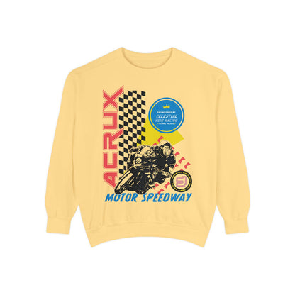 Thtgrlreads Zodiac Academy collection cozy yellow oversized crewneck sweatshirt featuring a vintage motor speedway graphic with bold text and checkered flag design.