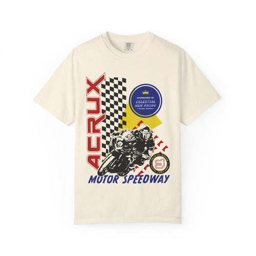 Thtgrlreads Zodiac Academy collection cream Comfort Colors graphic tee featuring a vintage-style red and black motorbike racing design with bold "Acrux" text and checkered flag accents.