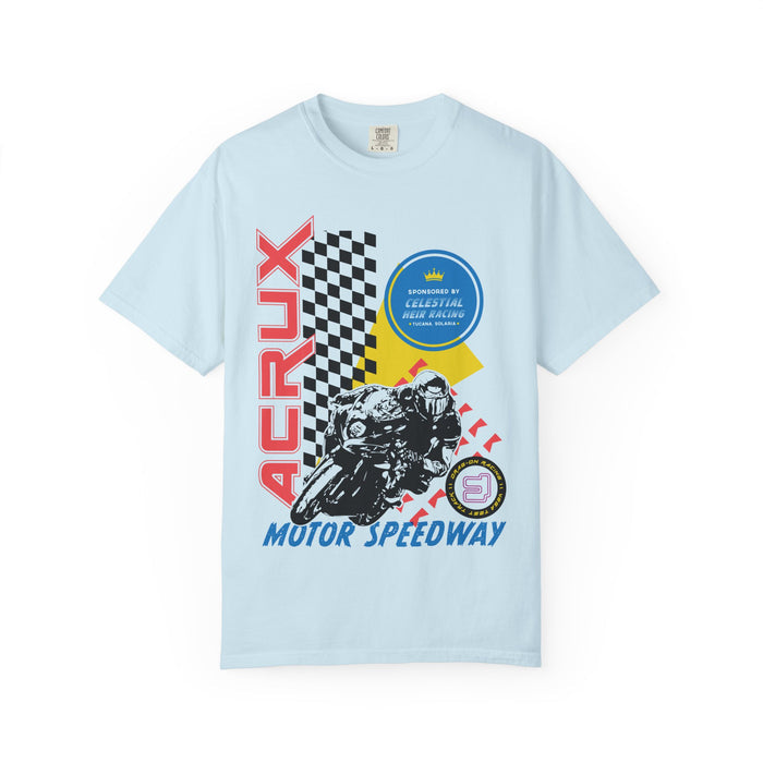 A Zodiac Academy inspired light blue Comfort Colors graphic tee from thtgrlreads featuring a vintage-style racing motorcycle print with bold red "Acrux" text and checkered flag details.