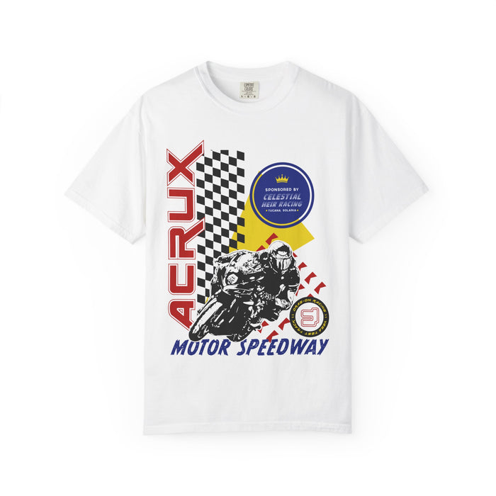 Thtgrlreads Zodiac Academy collection Comfort Colors graphic tee featuring a vintage-style print of a motorcycle racer with bold red "Acrux" text and checkered flag design on a soft white unisex fit shirt.