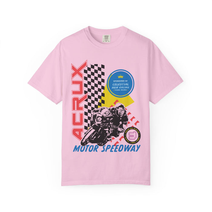 Thtgrlreads Zodiac Academy collection features a vintage wash Comfort Colors graphic tee in soft pink with bold retro racing graphics and text inspired by motor speedway themes.