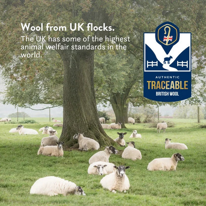 Wool from UK flocks. The UK has some of the highest animal well-fair standards in the world. Authentic traceable British wool.