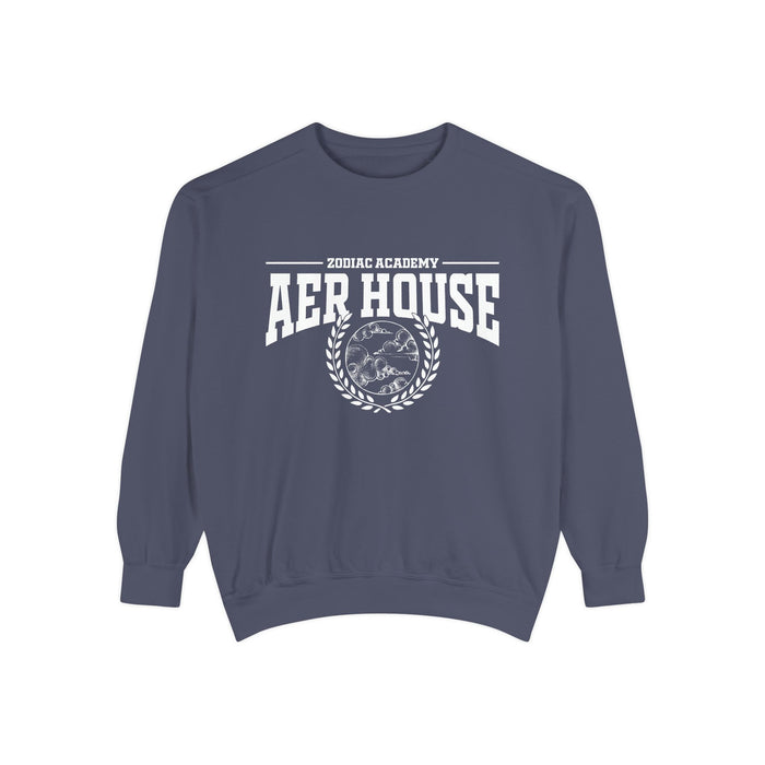 Navy vintage-wash oversized crewneck sweatshirt from thtgrlreads featuring Zodiac Academy Aer House text and emblem in bold white print, part of Zodiac Academy crewnecks collection.