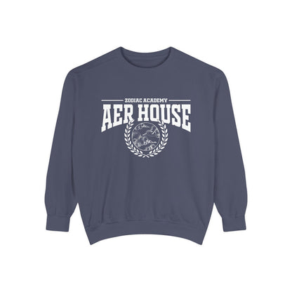Navy vintage-wash oversized crewneck sweatshirt from thtgrlreads featuring Zodiac Academy Aer House text and emblem in bold white print, part of Zodiac Academy crewnecks collection.
