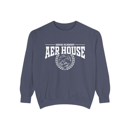 Navy vintage-wash oversized crewneck sweatshirt from thtgrlreads featuring Zodiac Academy Aer House text and emblem in bold white print, part of Zodiac Academy crewnecks collection.