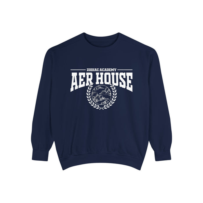 Zodiac Academy Aer House oversized crewneck sweatshirt by thtgrlreads featuring vintage white graphic text and emblem on a navy Comfort Colors base, part of the Crewnecks collection.
