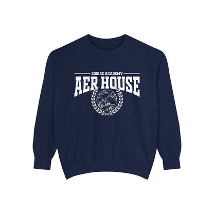 Zodiac Academy Aer House oversized crewneck sweatshirt by thtgrlreads featuring vintage white graphic text and emblem on a navy Comfort Colors base, part of the Crewnecks collection.