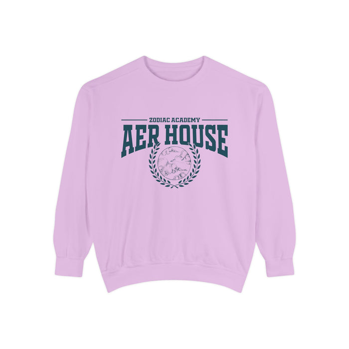 Zodiac Academy Aer House oversized crewneck sweatshirt by thtgrlreads in soft lavender with vintage puff print graphic and comfortable cotton blend, part of Zodiac Academy crewnecks.