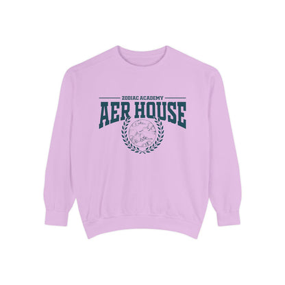 Zodiac Academy Aer House oversized crewneck sweatshirt by thtgrlreads in soft lavender with vintage puff print graphic and comfortable cotton blend, part of Zodiac Academy crewnecks.