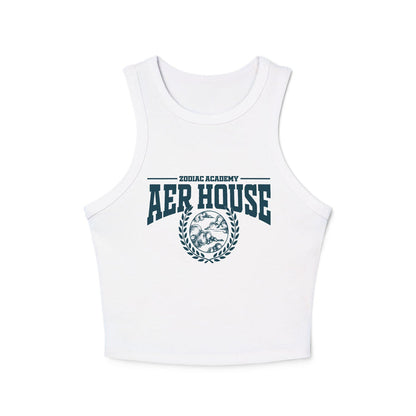 Zodiac Academy-themed white comfort colors cropped tank from thtgrlreads with vintage washed fabric and bold Aer House graphic print, perfect for back to school style.