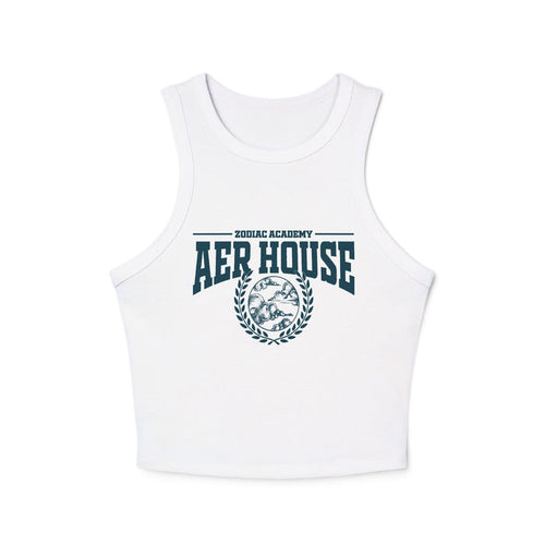 Zodiac Academy-themed white comfort colors cropped tank from thtgrlreads with vintage washed fabric and bold Aer House graphic print, perfect for back to school style.