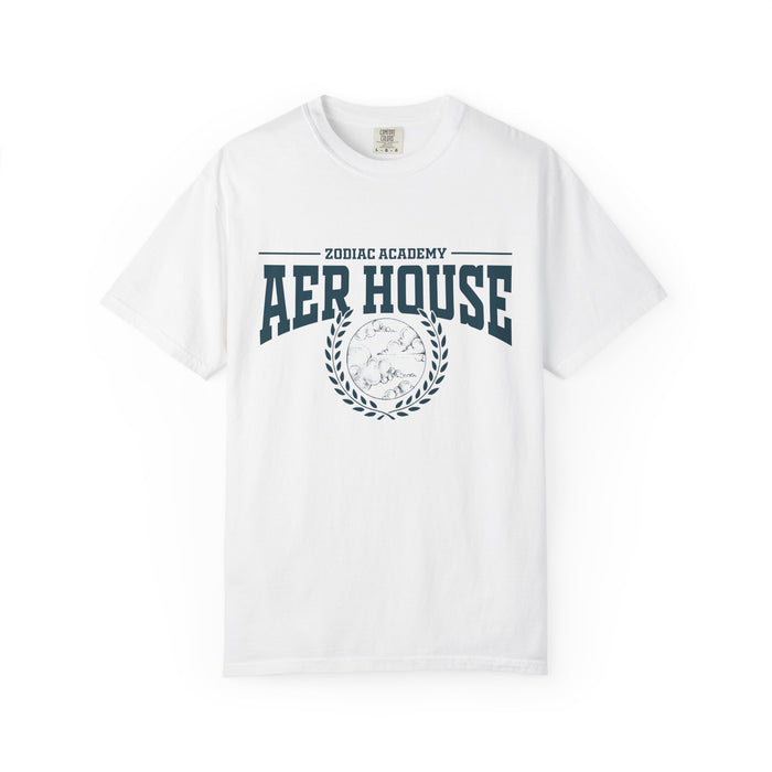 Zodiac Academy Aer House tee from thtgrlreads features a vintage wash Comfort Colors graphic tee in white with bold navy collegiate-style print and laurel wreath design.